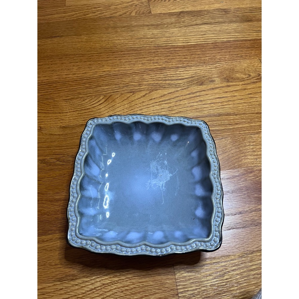 RARE Roscher Hobnail Collection Square Stoneware 7 1/2"  Bowl Blue Scalloped Rim
